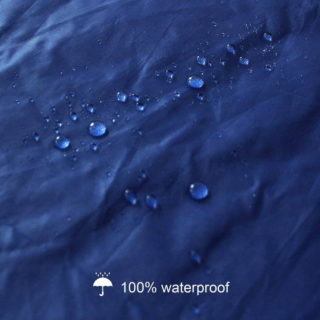 Navy waterproof mattress cover fabric with water droplets beading on the surface
