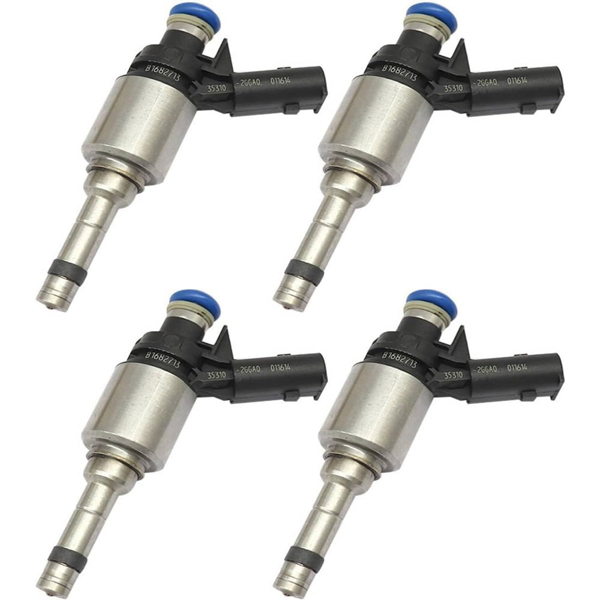 Set of four fuel injectors with black connectors, blue-topped seals, silver shafts