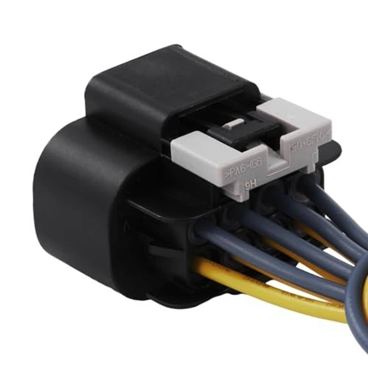 8-pin headlight connector plug with black cover and grey terminals, blue and yellow wire leads
