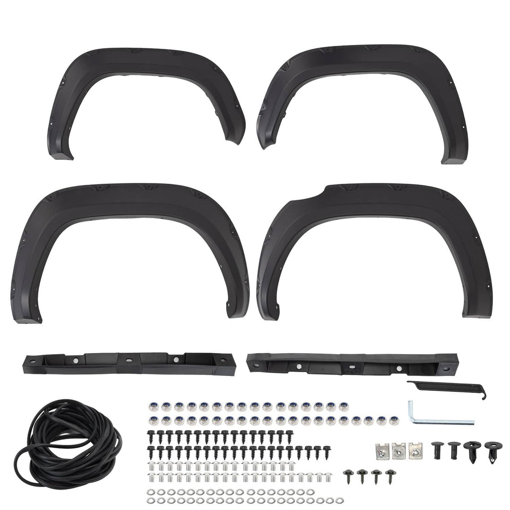 Four-piece black wheel fender flare set with long brackets, screws, and installation bolts