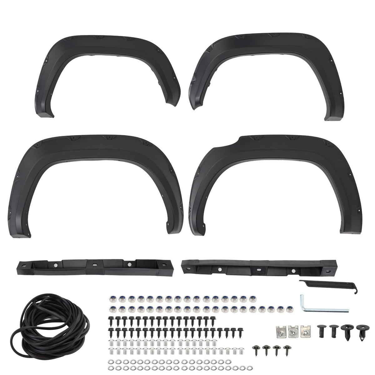 Four-piece black wheel fender flare set with long brackets, screws, and installation bolts