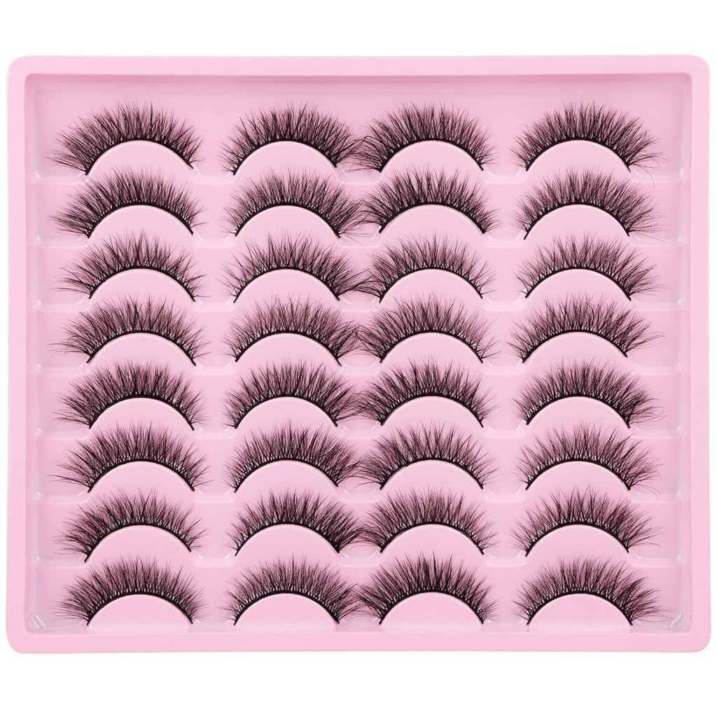 Tray of dark cat-eye false eyelashes, multiple fluffy lash pairs
