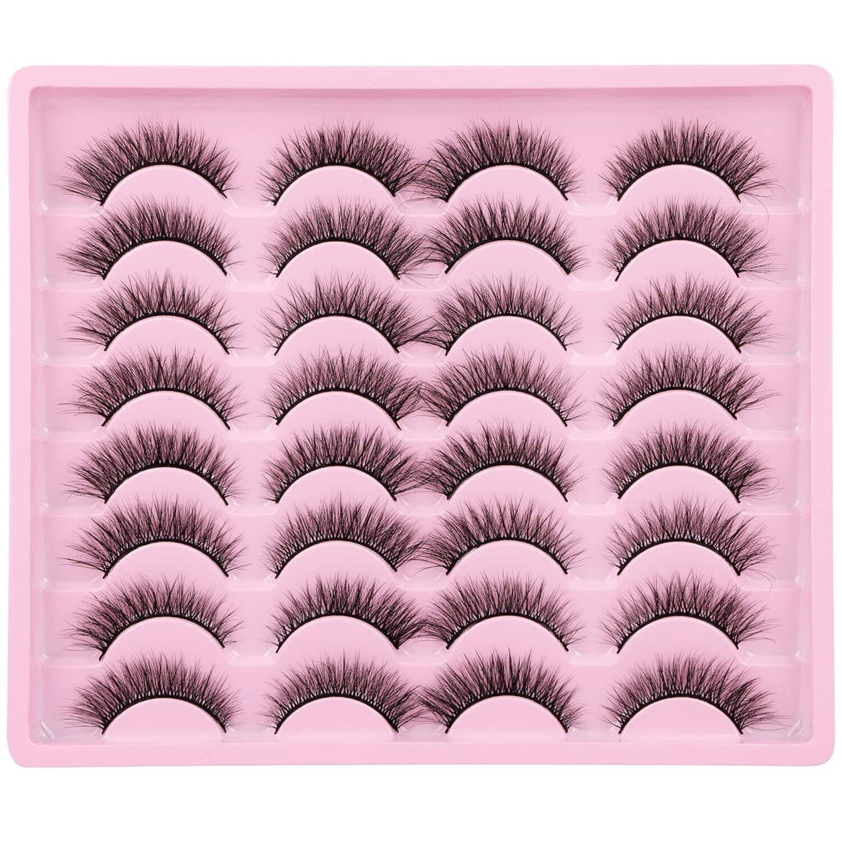 Tray of dark cat-eye false eyelashes, multiple fluffy lash pairs