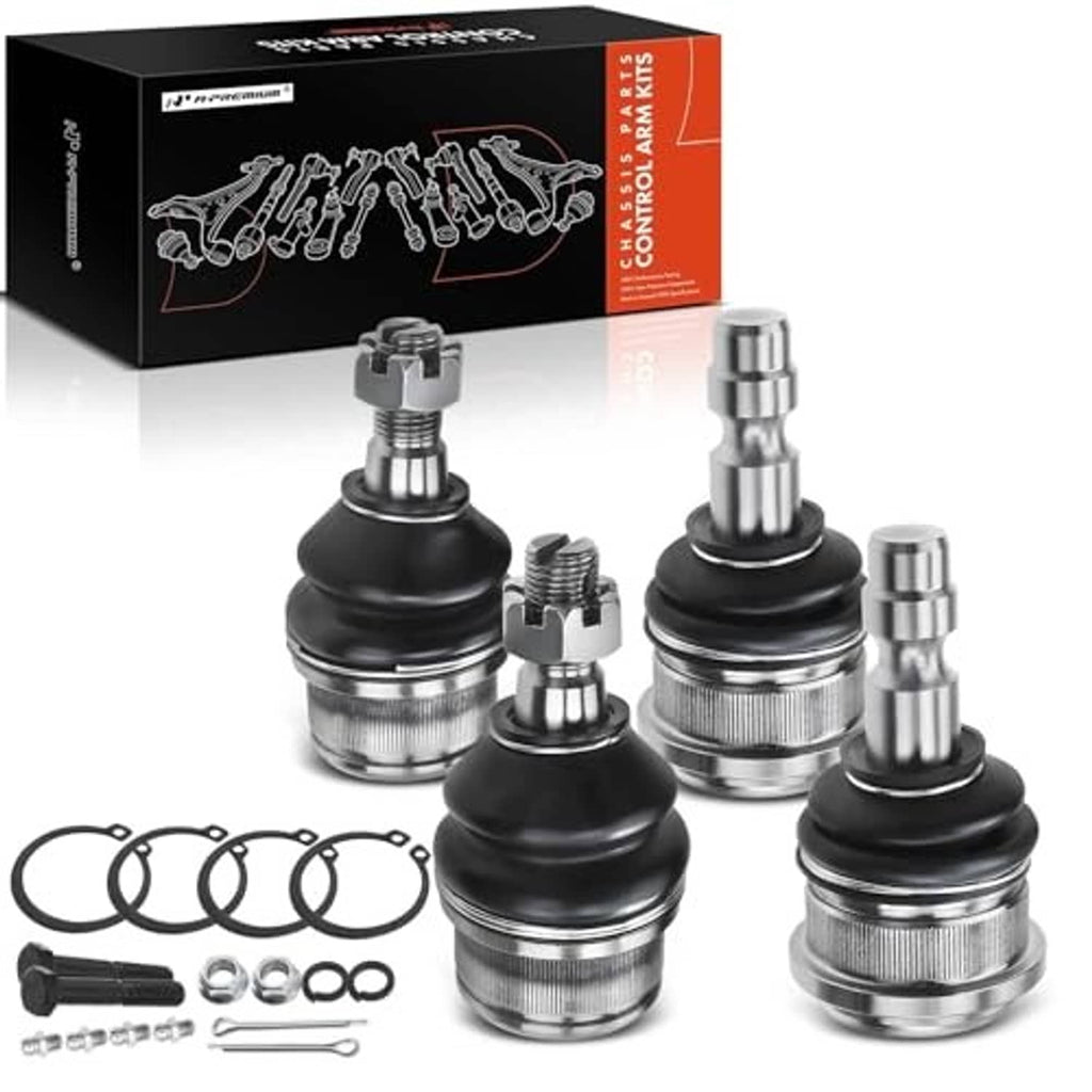 Four-piece ball joint kit with black boots, silver housings, and included clips