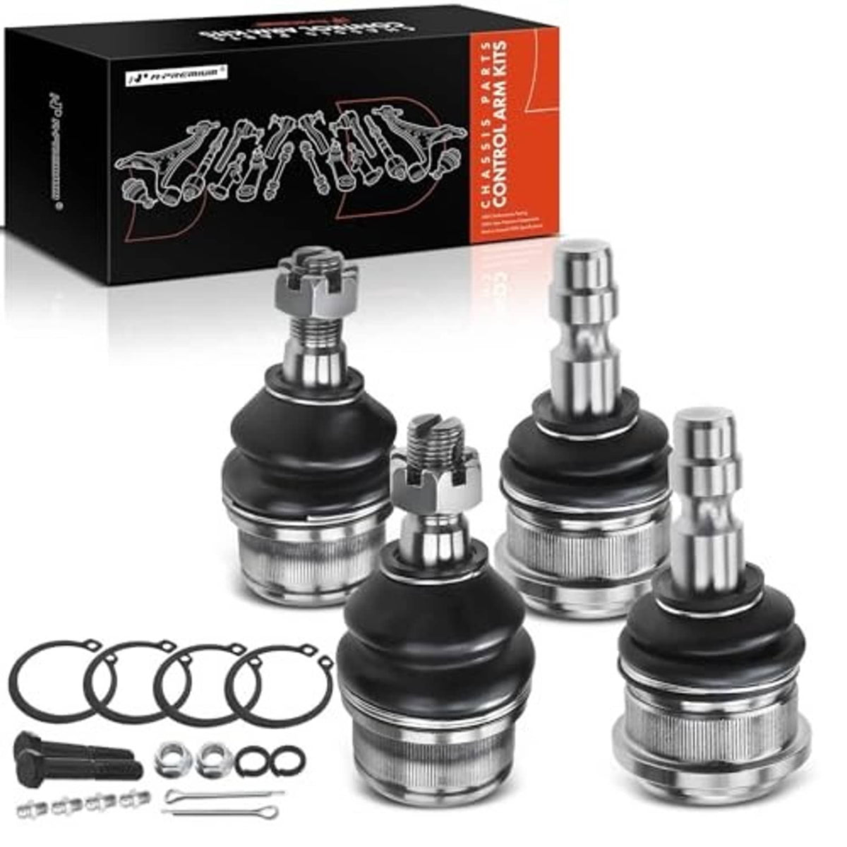 Four-piece ball joint kit with black boots, silver housings, and included clips