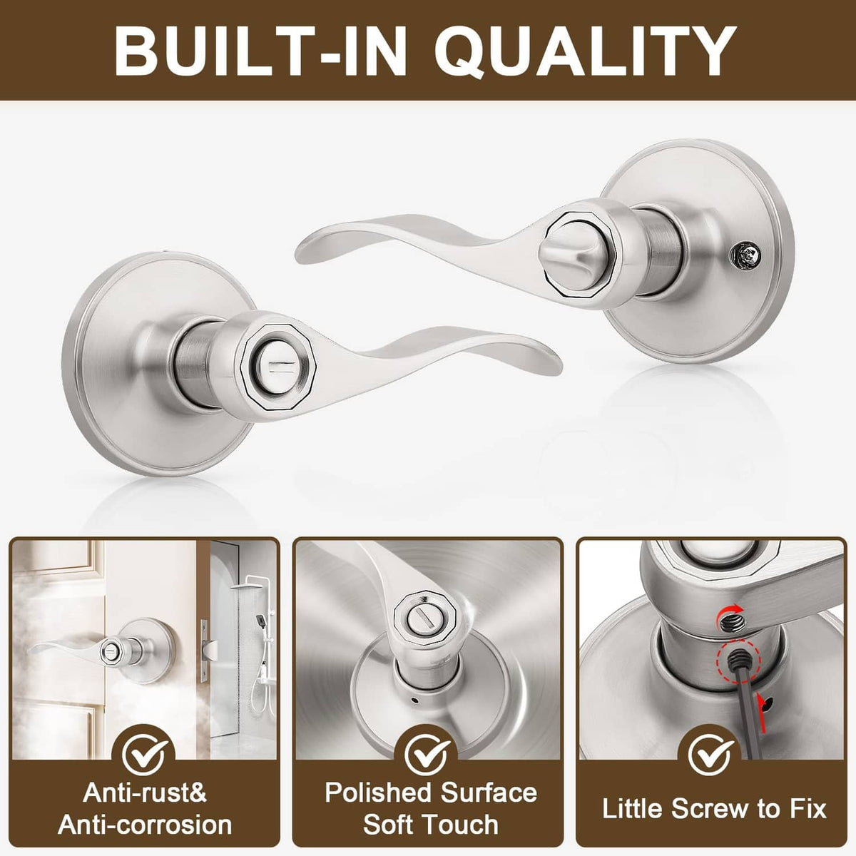 Brushed nickel privacy door handle set with lever and round escutcheon