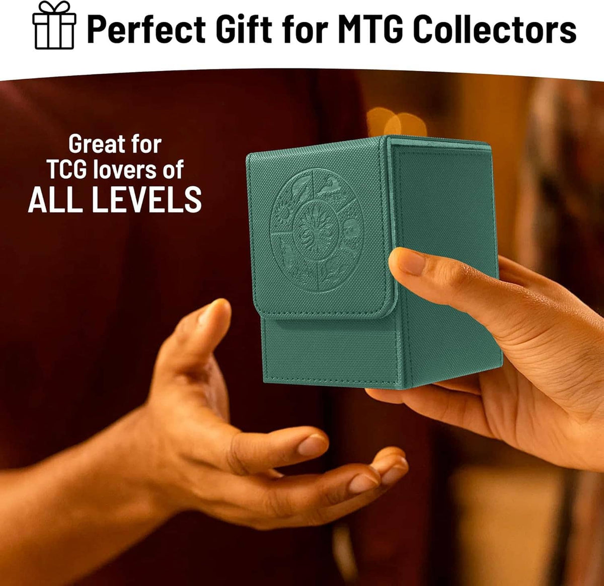Teal green deck box held in hand, embossed front panel with flap and sturdy corners