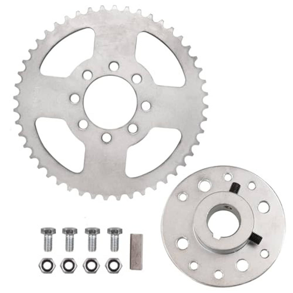 Go-kart rear sprocket kit: steel sprocket, hub plate, bolts, washers, and keyway insert