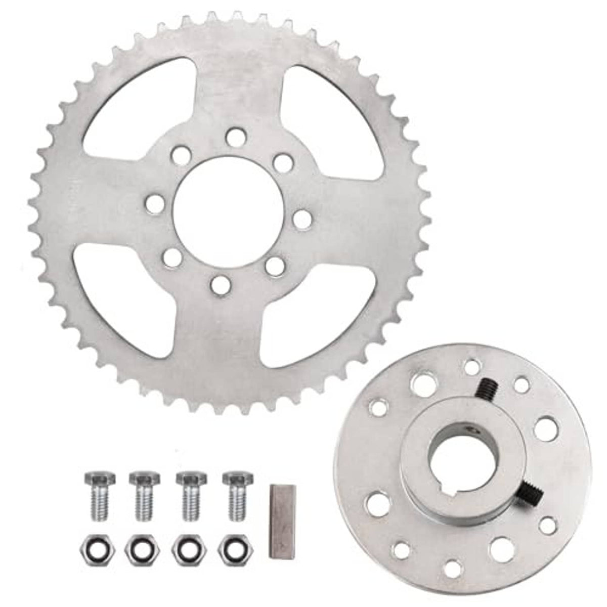 Go-kart rear sprocket kit: steel sprocket, hub plate, bolts, washers, and keyway insert