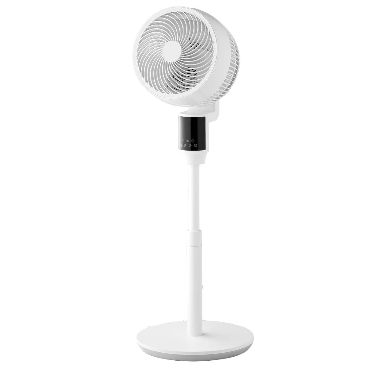 White pedestal fan with round grille and black button panel on the fan neck