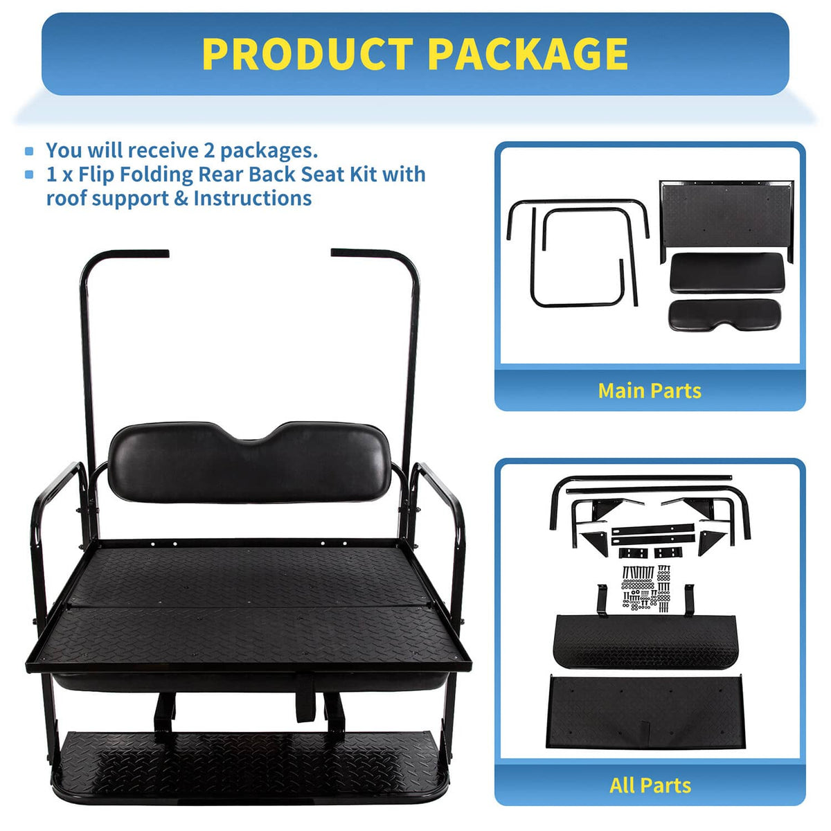 Black folding rear seat kit with roof support, cushions, and textured base platform parts