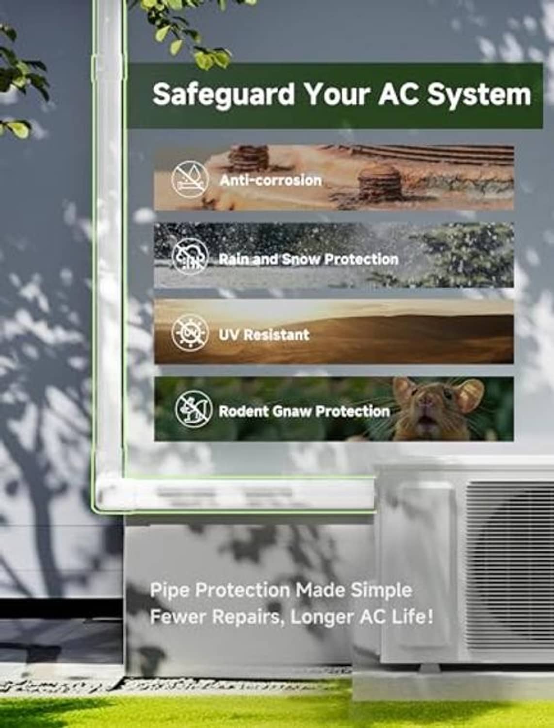 Protective mini split line set cover graphic on outdoor AC cover installation