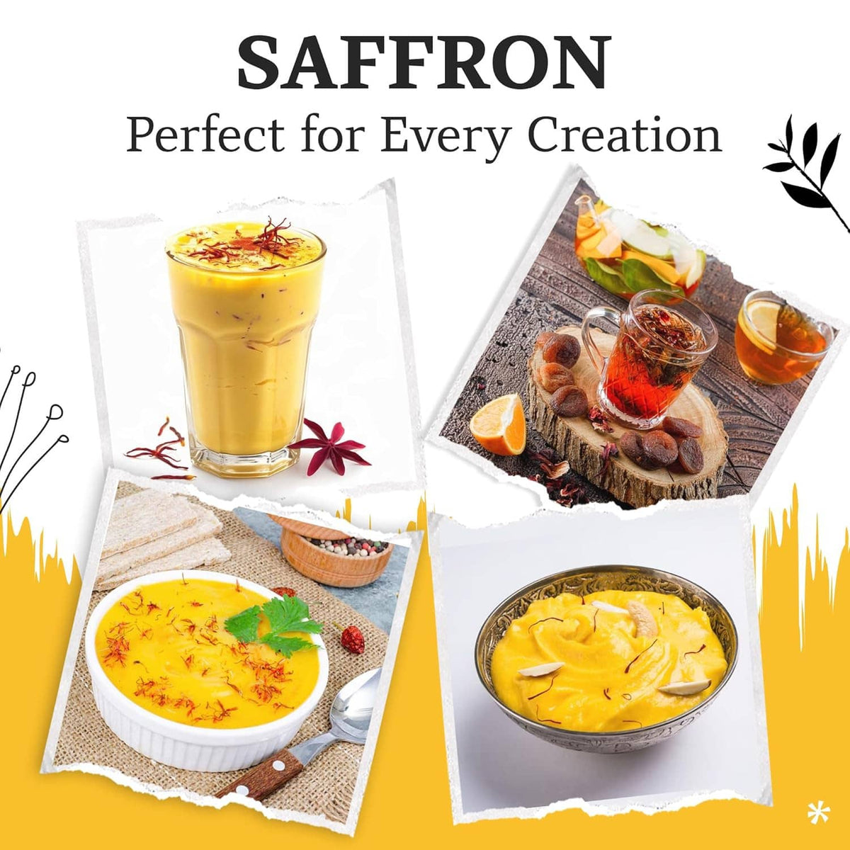 Saffron set with a golden drink and dishes featuring red saffron threads