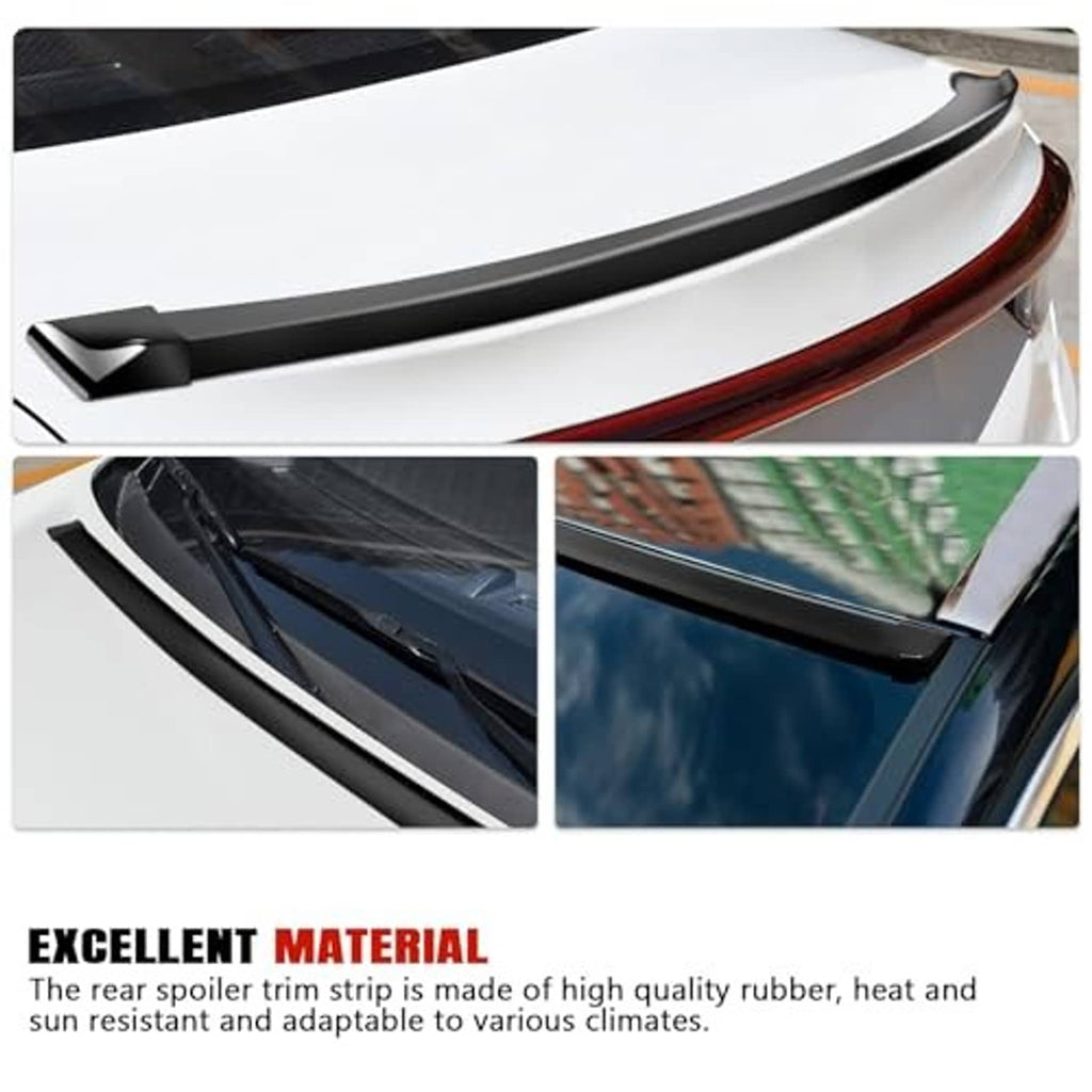 Matte black rubber rear spoiler trim strip close-up on car trunk roof edge