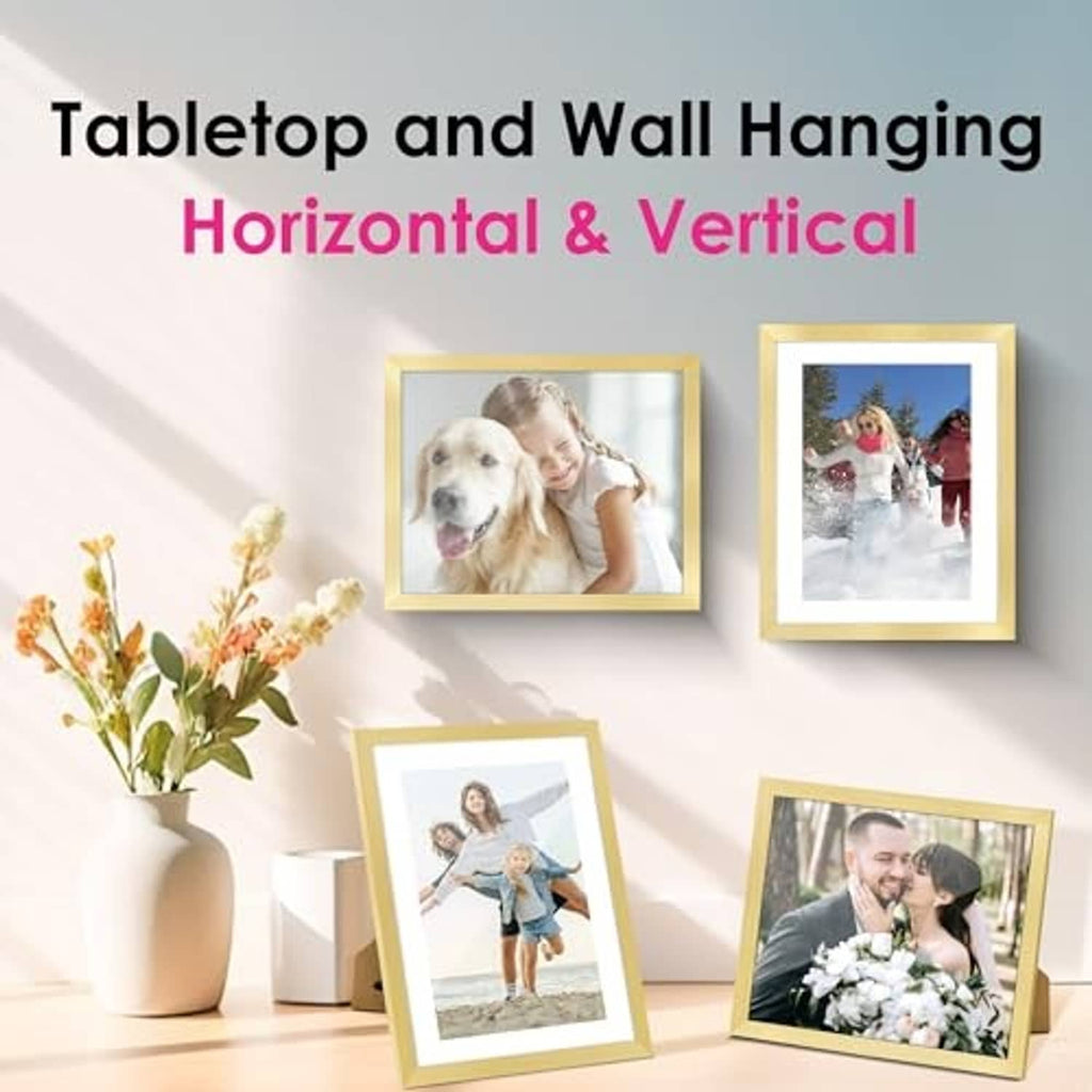 Gold picture frame for tabletop and wall hanging, horizontal or vertical display
