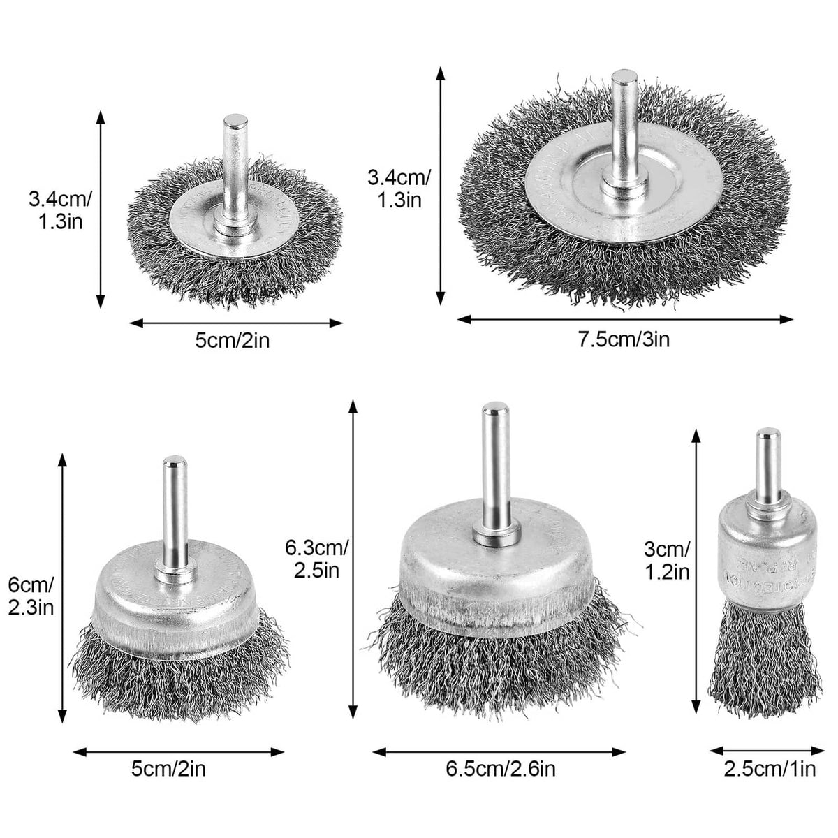 Wire wheel cup brush heads with mounting posts, shown with size dimensions in cm/in