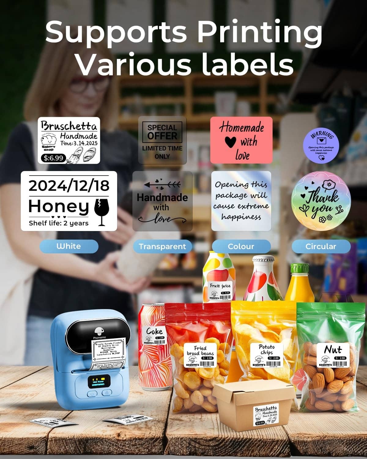 Blue portable label printer with sample label stickers on a tabletop