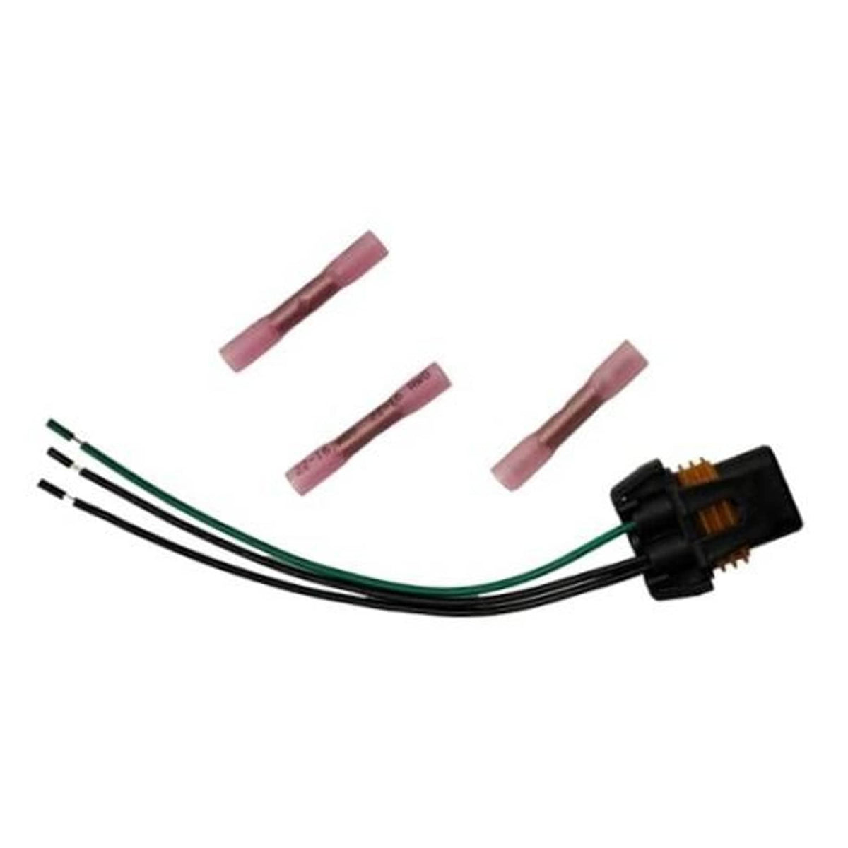 3-wire halogen bulb connector pigtail wiring harness with green and black wires, pink heat shrink