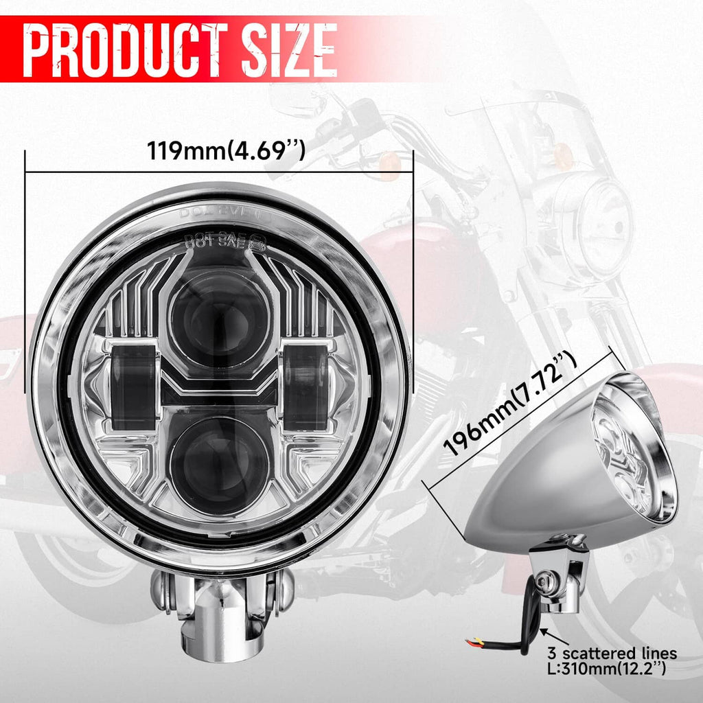 Chrome LED bullet headlight size diagram with front diameter measurement