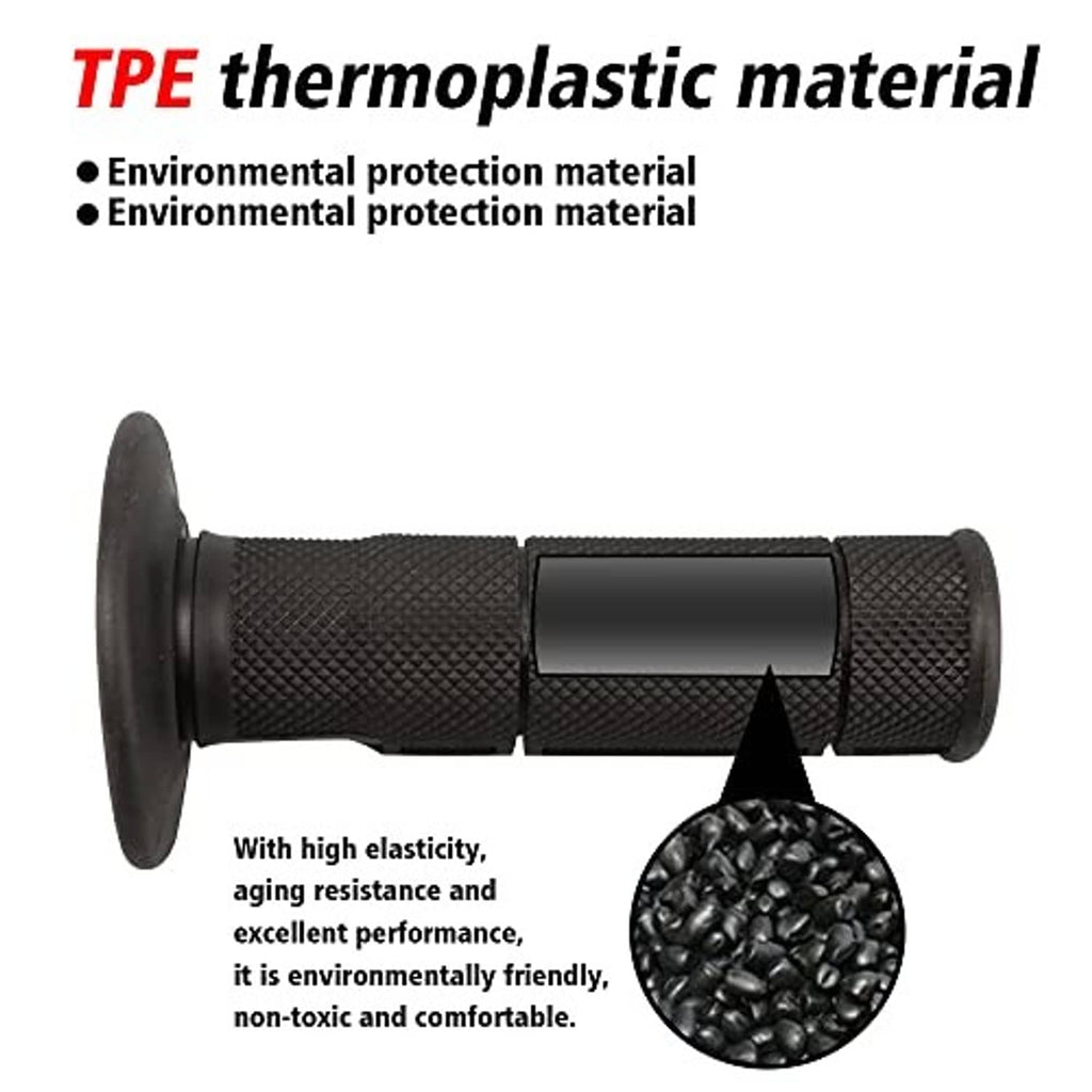 Black motorcycle hand grips with textured surface and smooth collar ring in middle