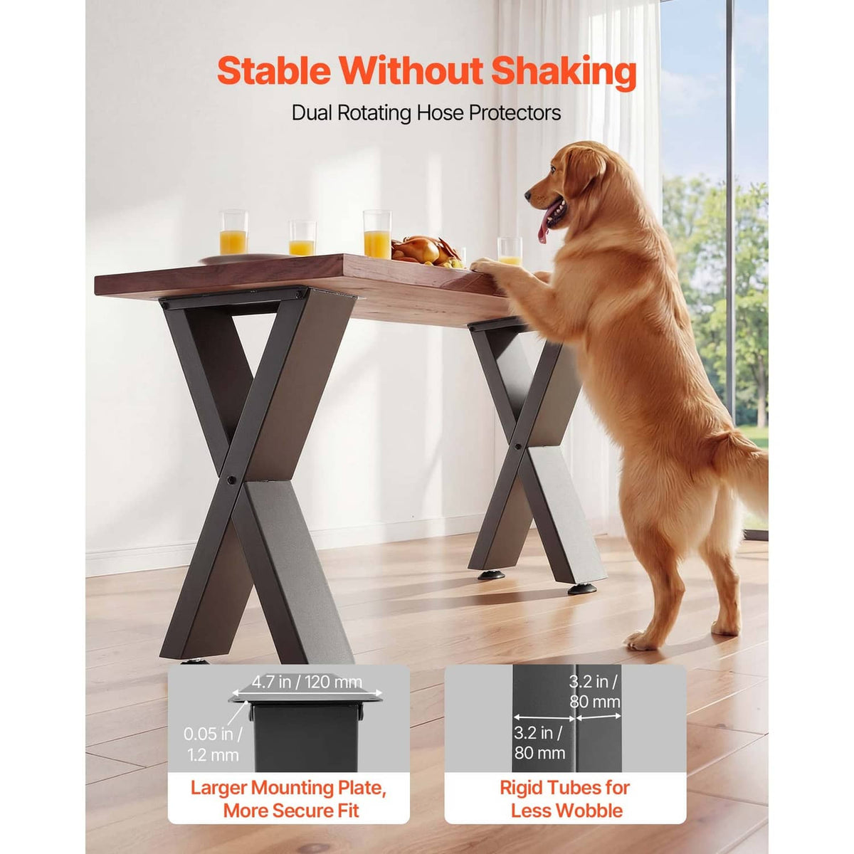 Black X-frame table legs supporting a tabletop; rubber feet visible at the base.
