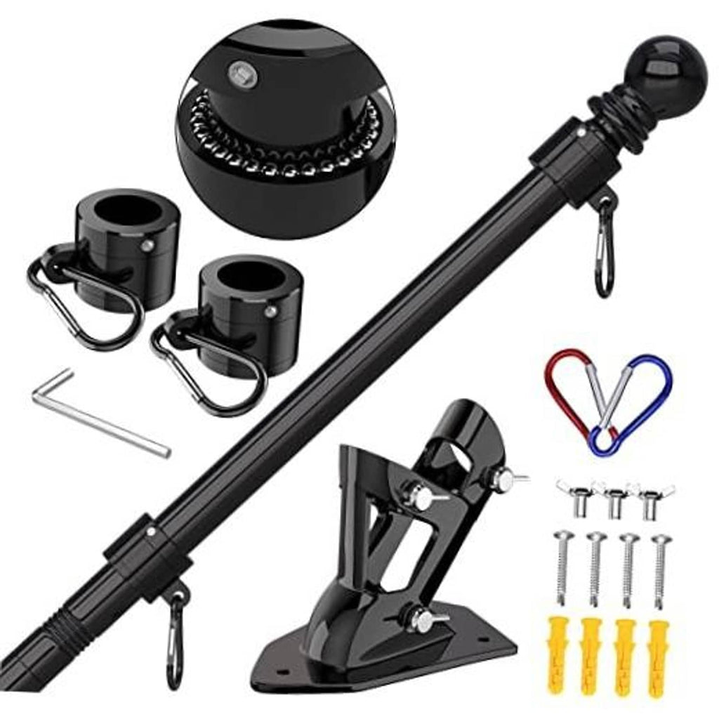Black flagpole hardware set with rotating ring, clamp mounts, bracket base, and screws