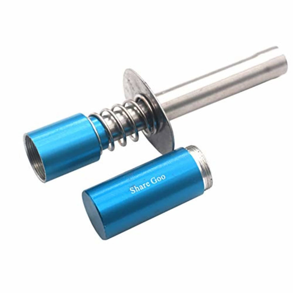 Blue glow igniter with spring and metal fork; blue canister marked "Share.Goo"