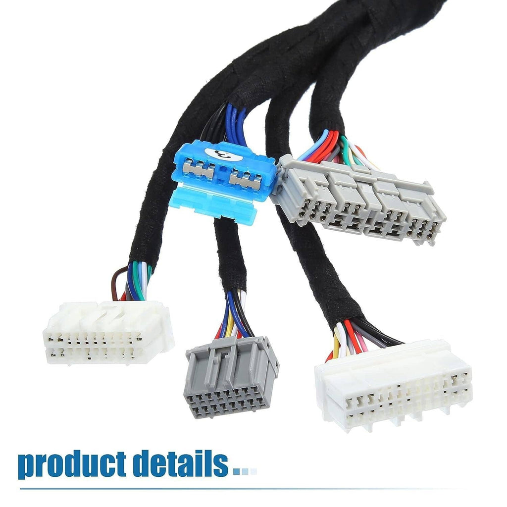 Engine wire harness close-up showing blue and grey connector plugs on black cables