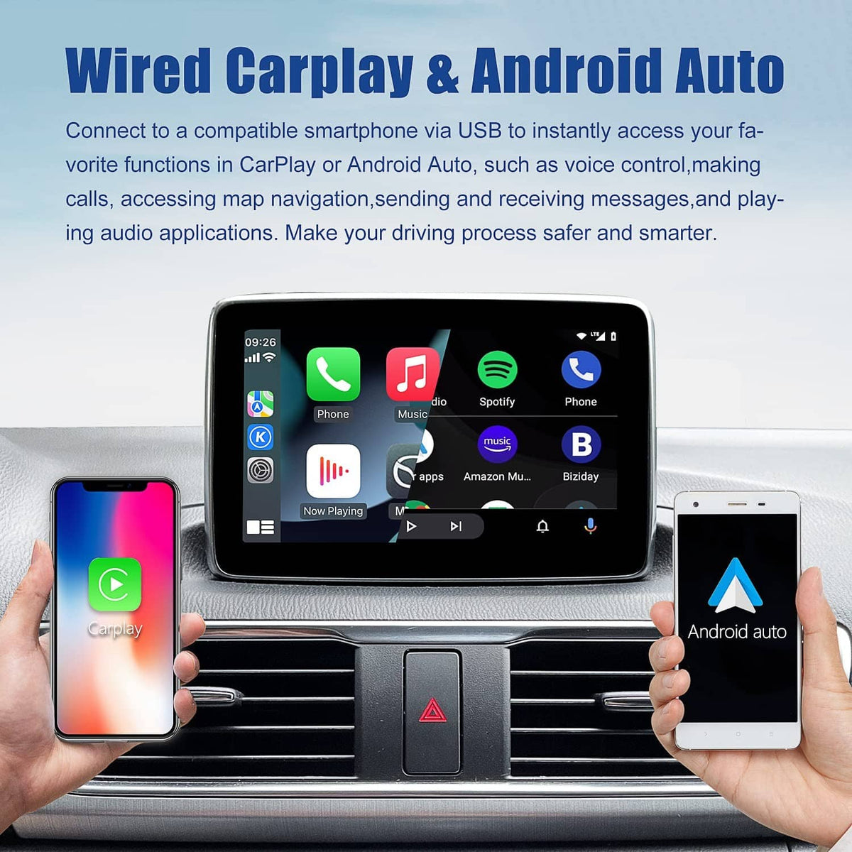 Wired CarPlay/Android Auto connection with two phones and in-car screen displaying apps