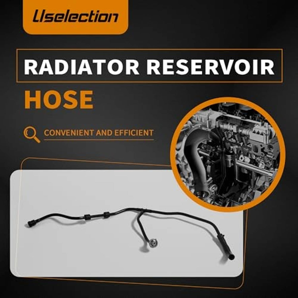 Radiator coolant reservoir hose assembly with black tubing and mounting hardware