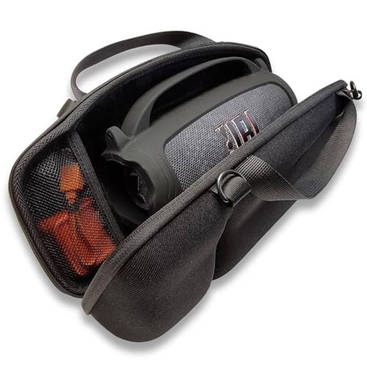 Black EVA hard case with JBL silicone cover inside and mesh side pocket