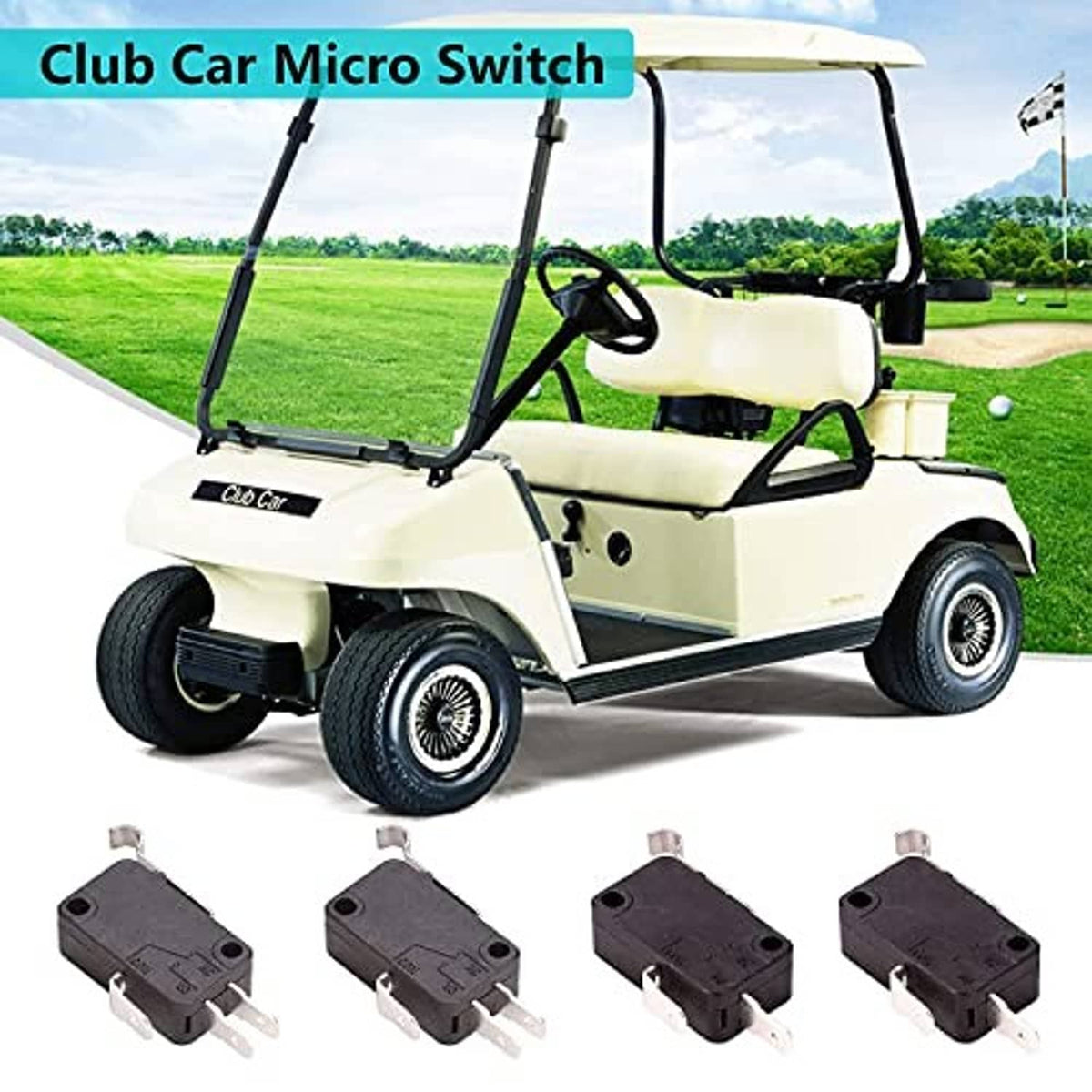Micro switch set with 3-prong housings shown alongside a white golf cart front