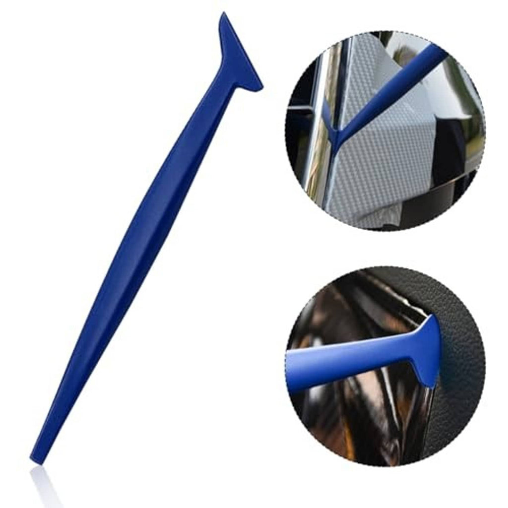 Blue plastic squeegee tool with tips for applying wrap around vehicle edges