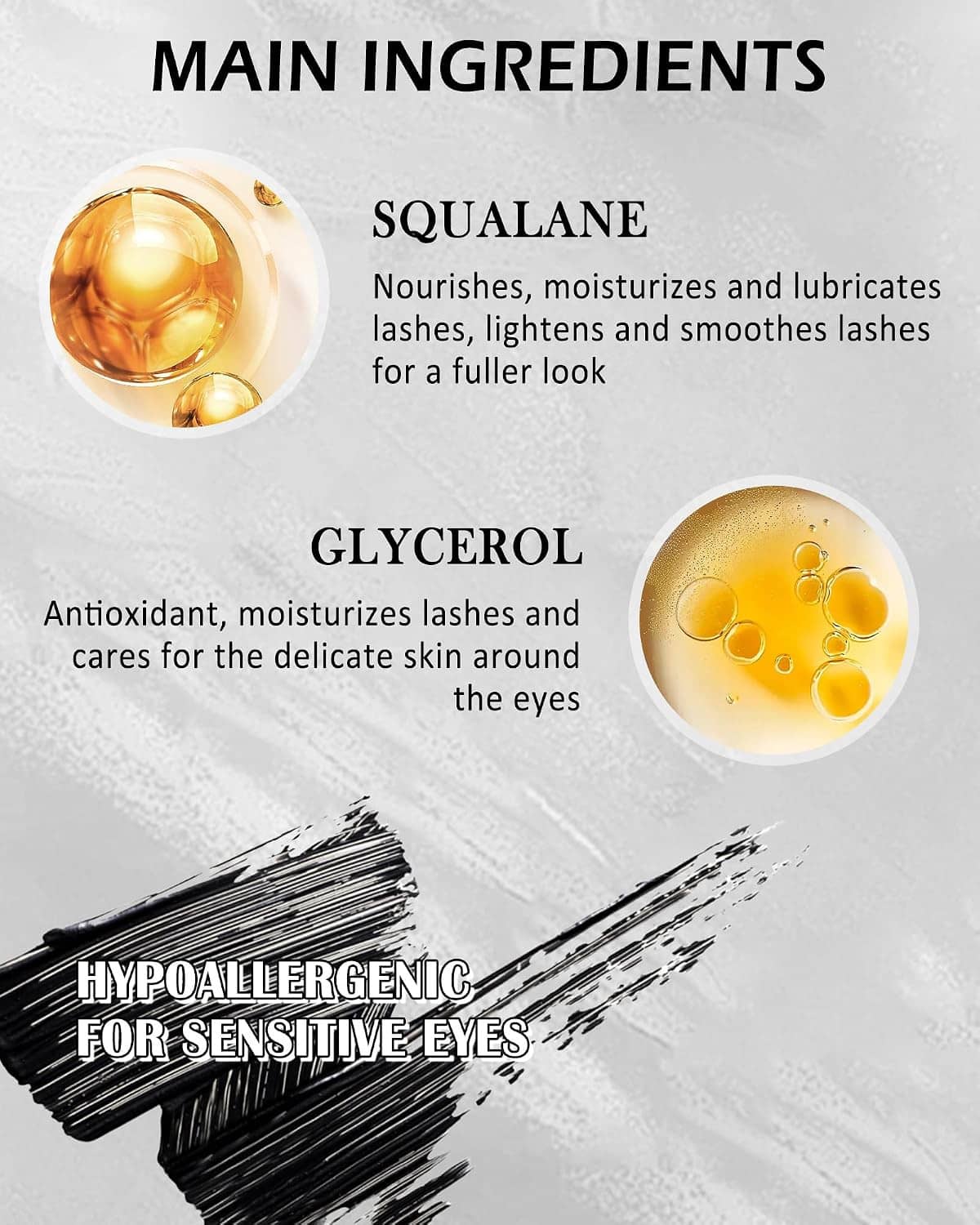 Mascara ingredients graphic showing black mascara swatch beneath ingredient circles