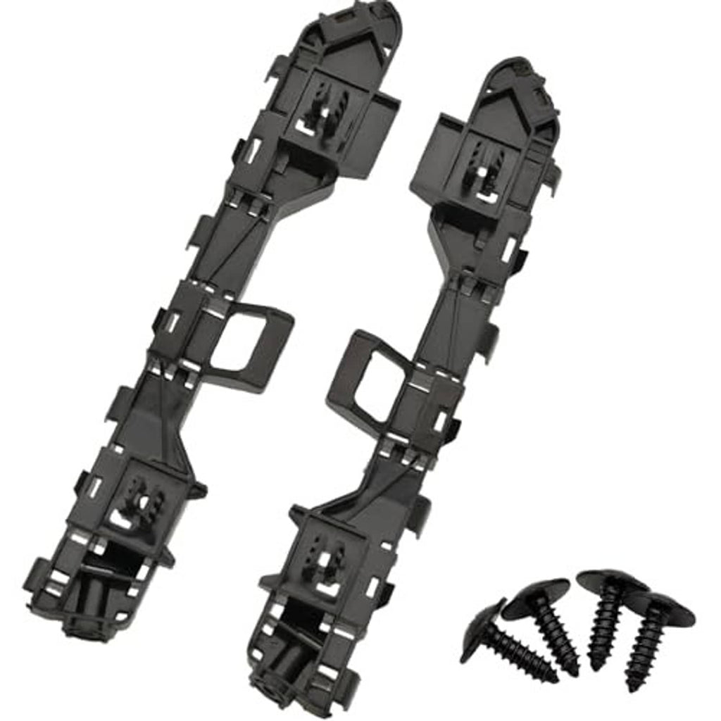 Left and right front bumper brackets, black plastic, plus mounting screws