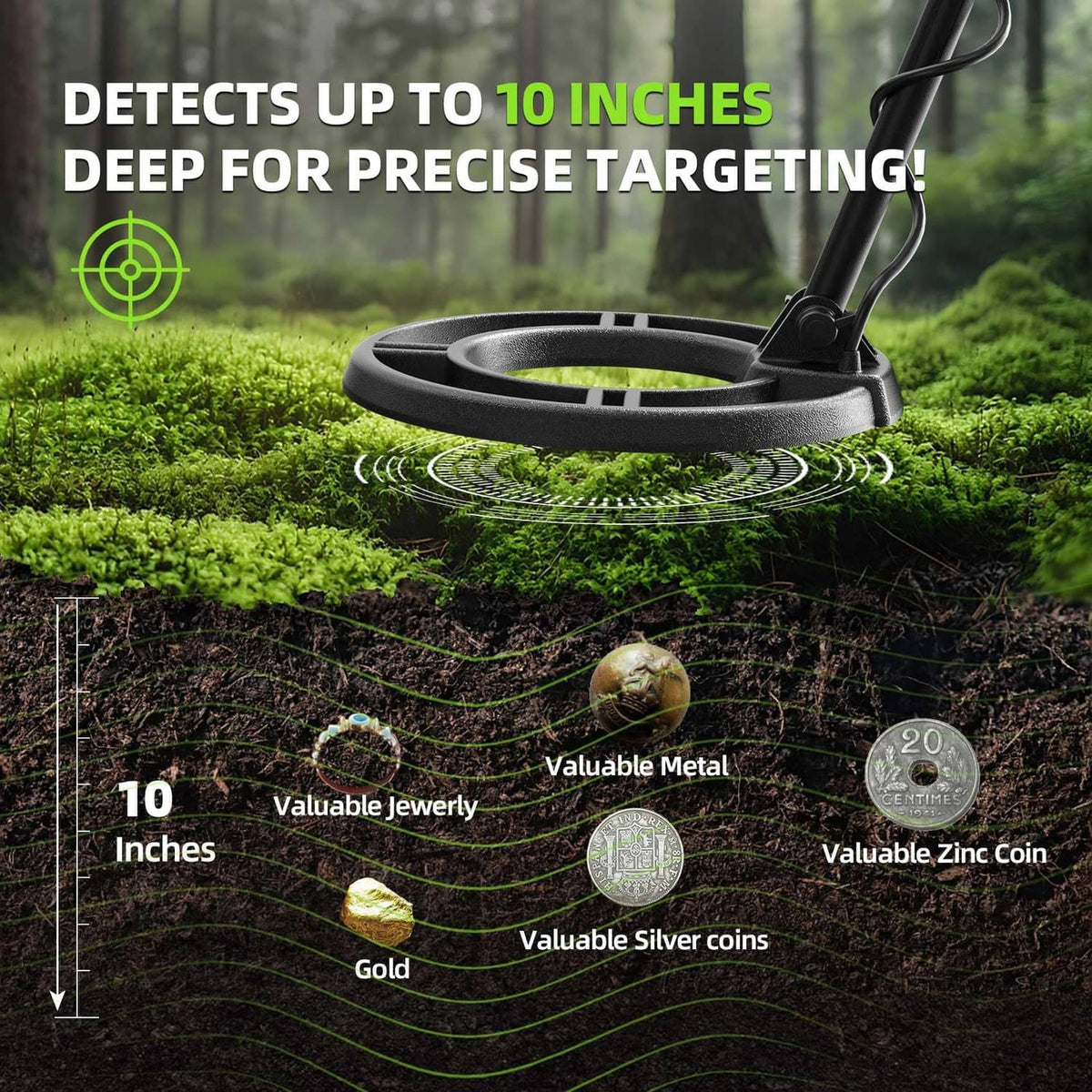 Black metal detector search coil over soil for target detection