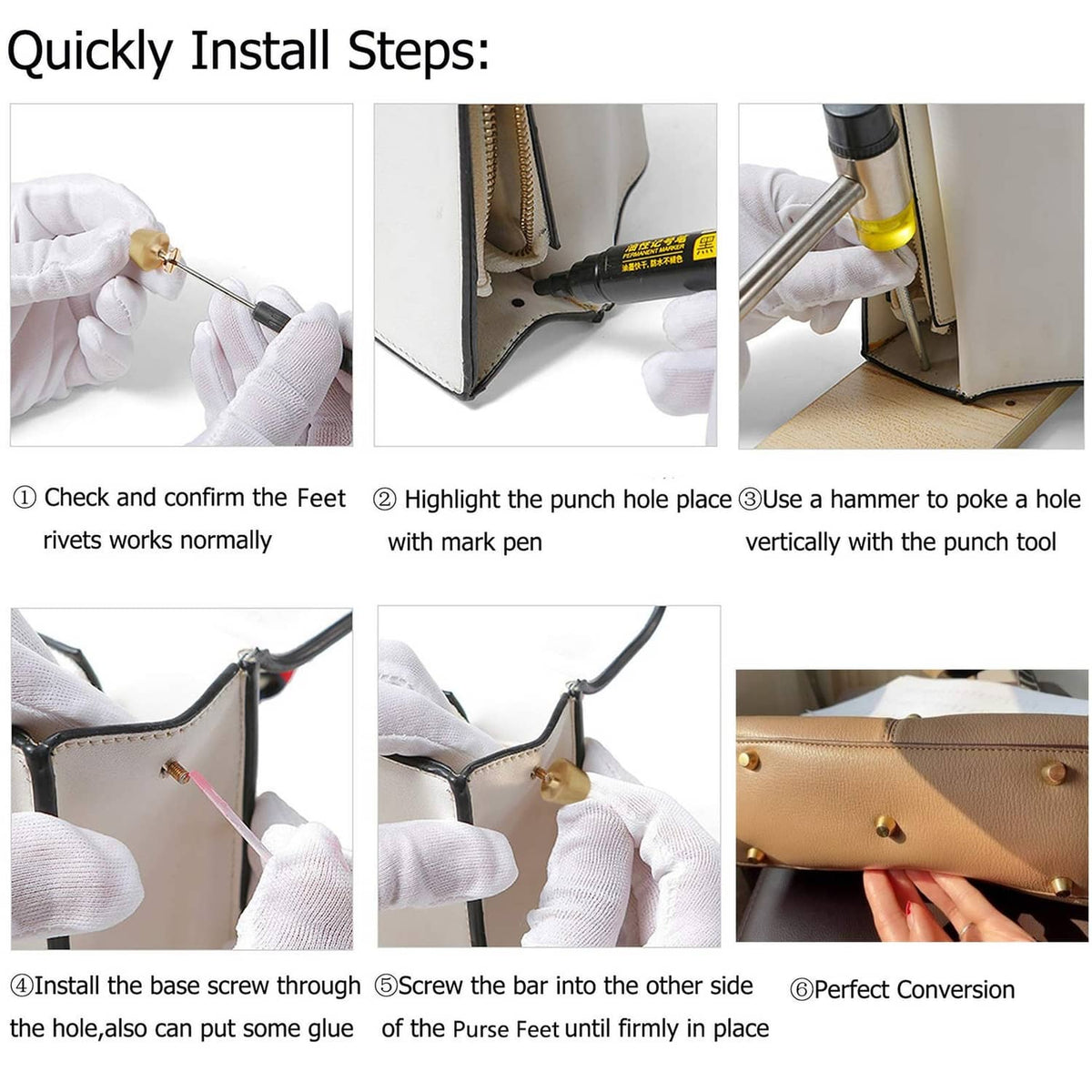 Handbag purse feet installation steps with screws and a punch tool