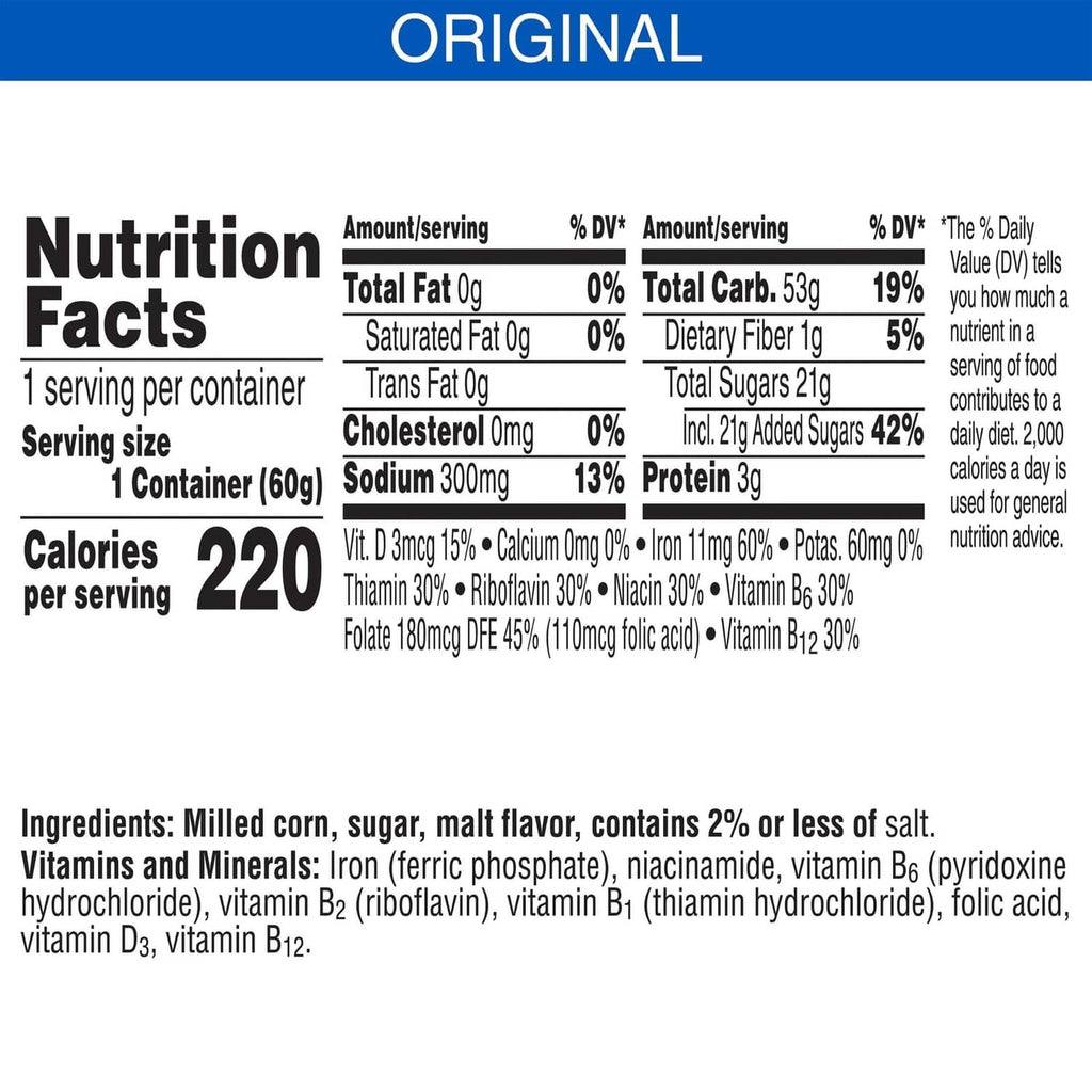 Nutrition Facts panel for cereal cups: 220 calories per serving, serving size 1 container (60g)