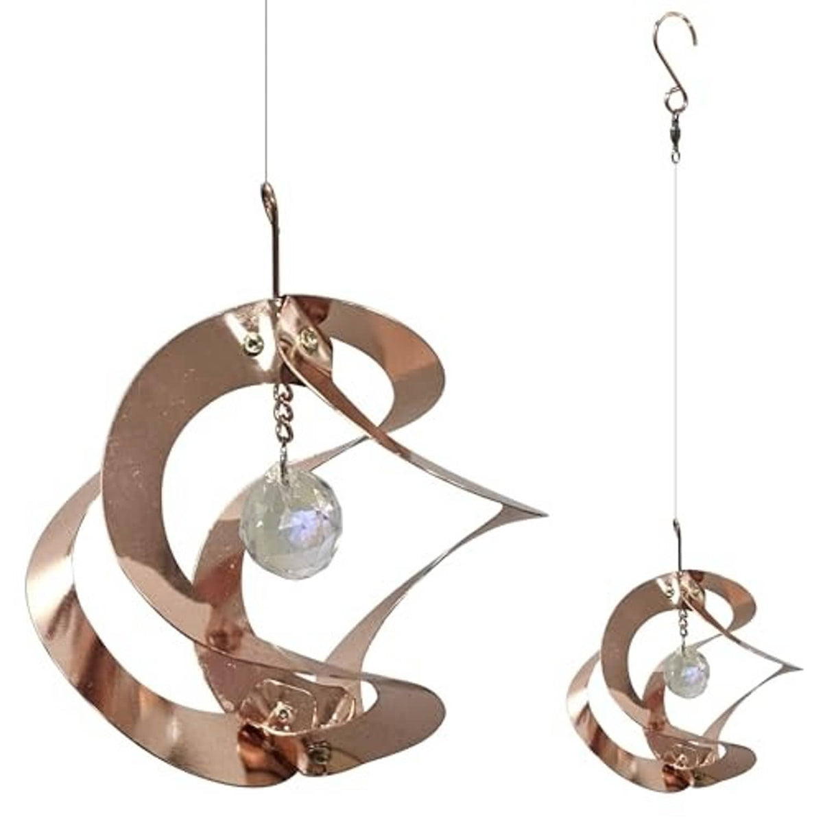 Copper wind spinner with crescent metal swirls and hanging prismatic crystal charm