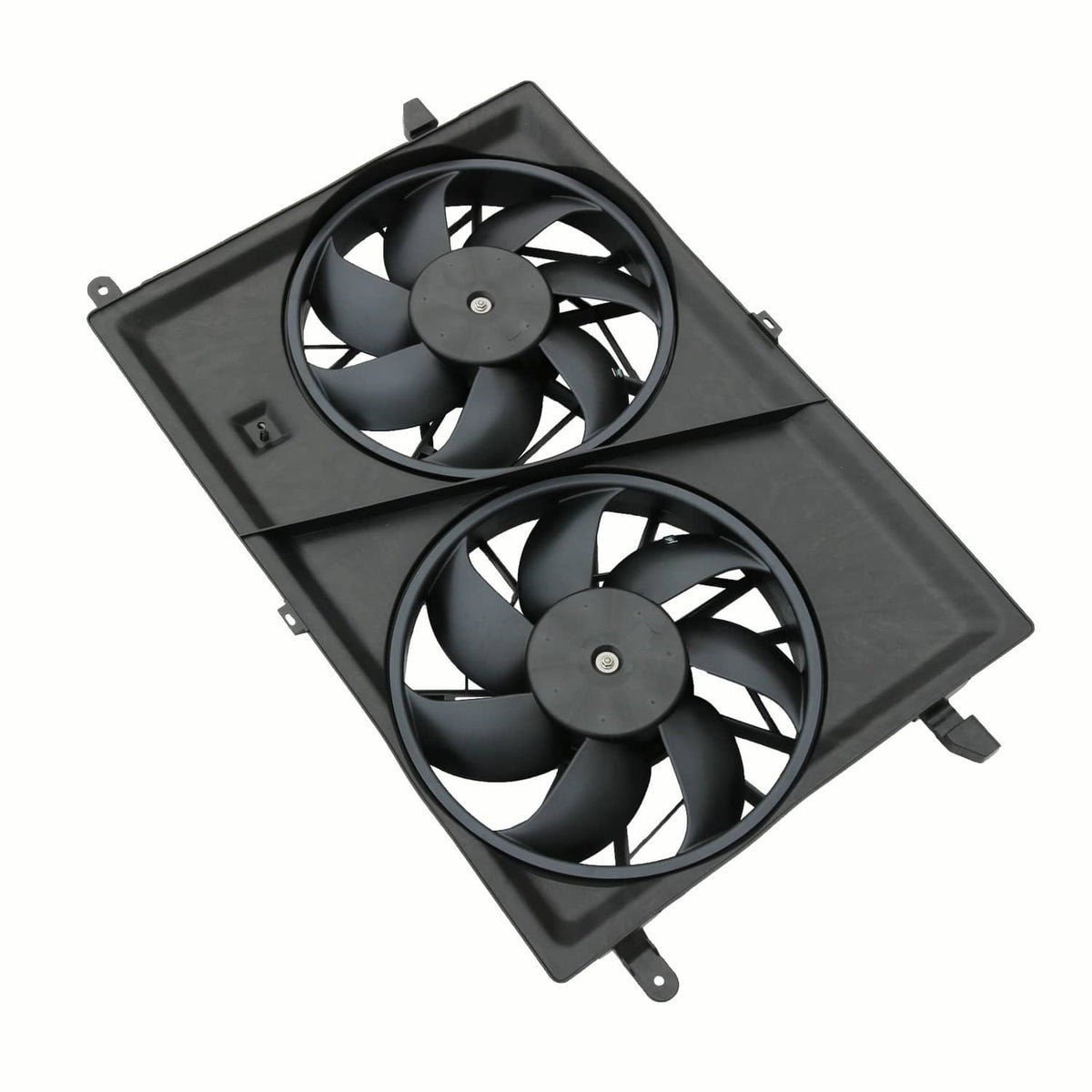 Dual radiator cooling fan assembly with two black fans and angled shroud
