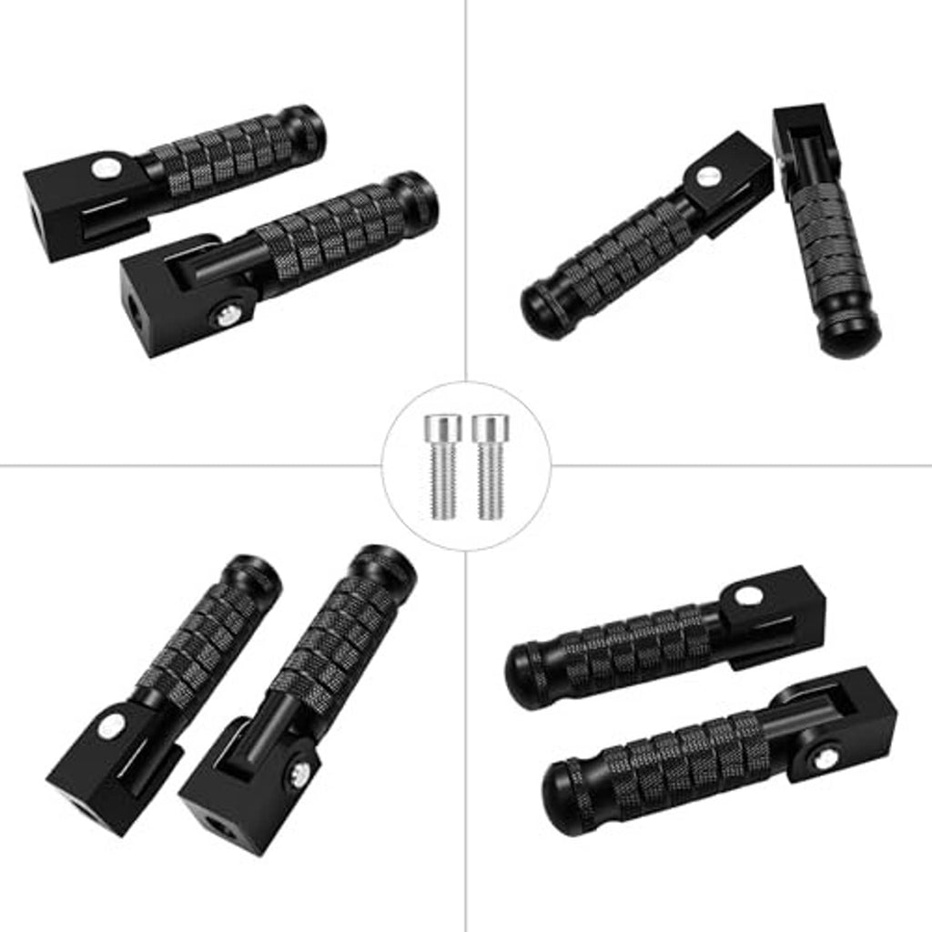 Set of black foldable motorcycle foot pegs with screws, shown from multiple angles