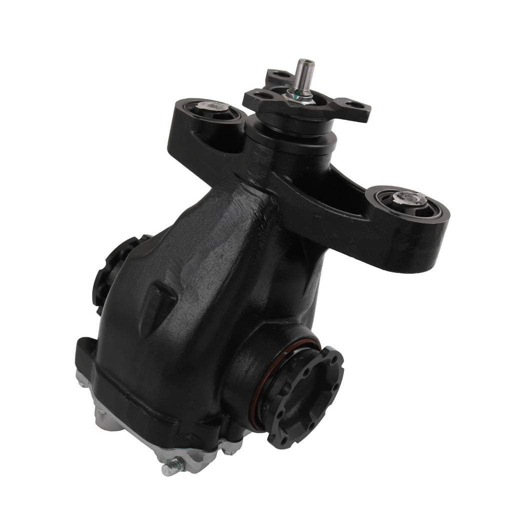 Rear differential carrier assembly, black housing with front bolt heads and axle opening