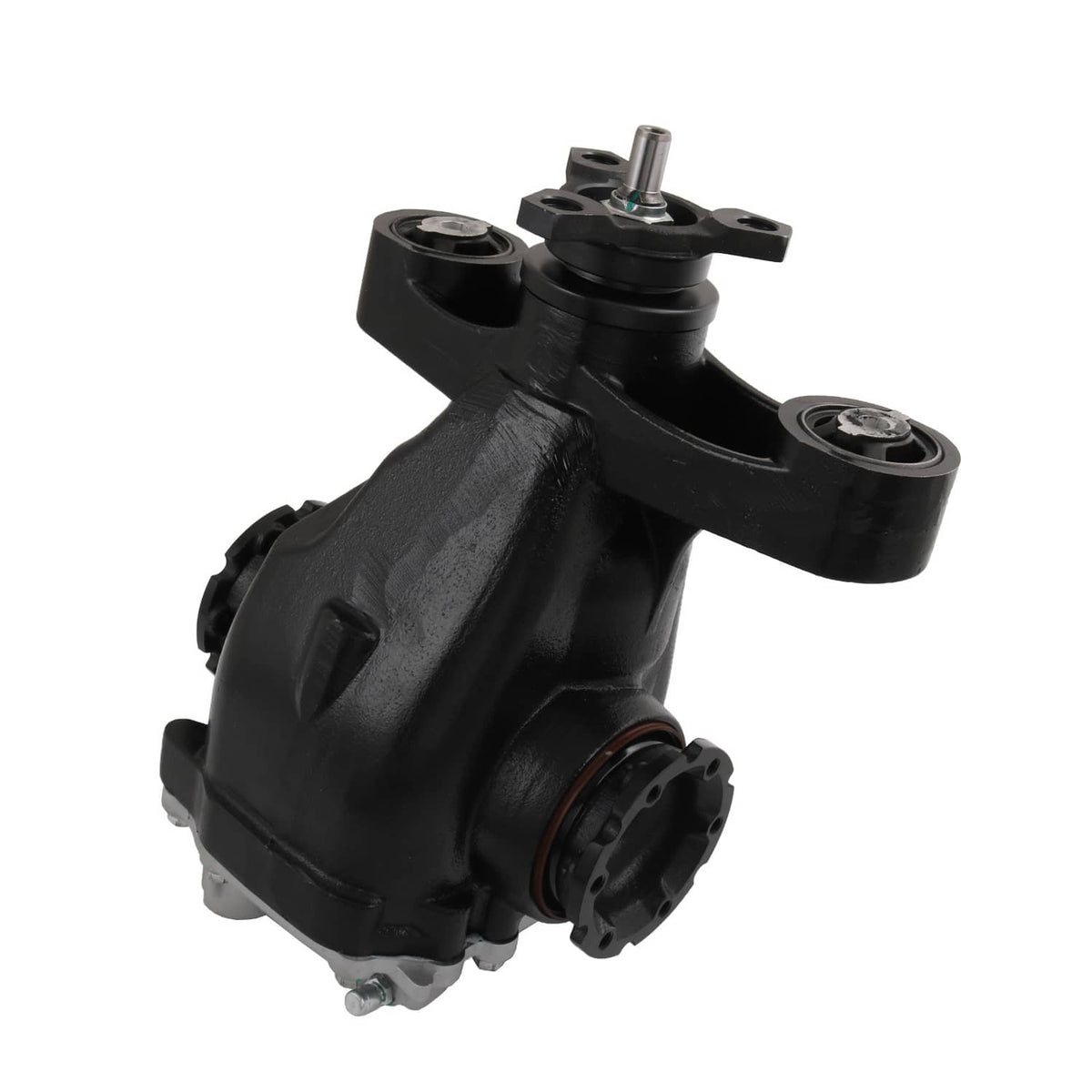 Rear differential carrier assembly, black housing with front bolt heads and axle opening