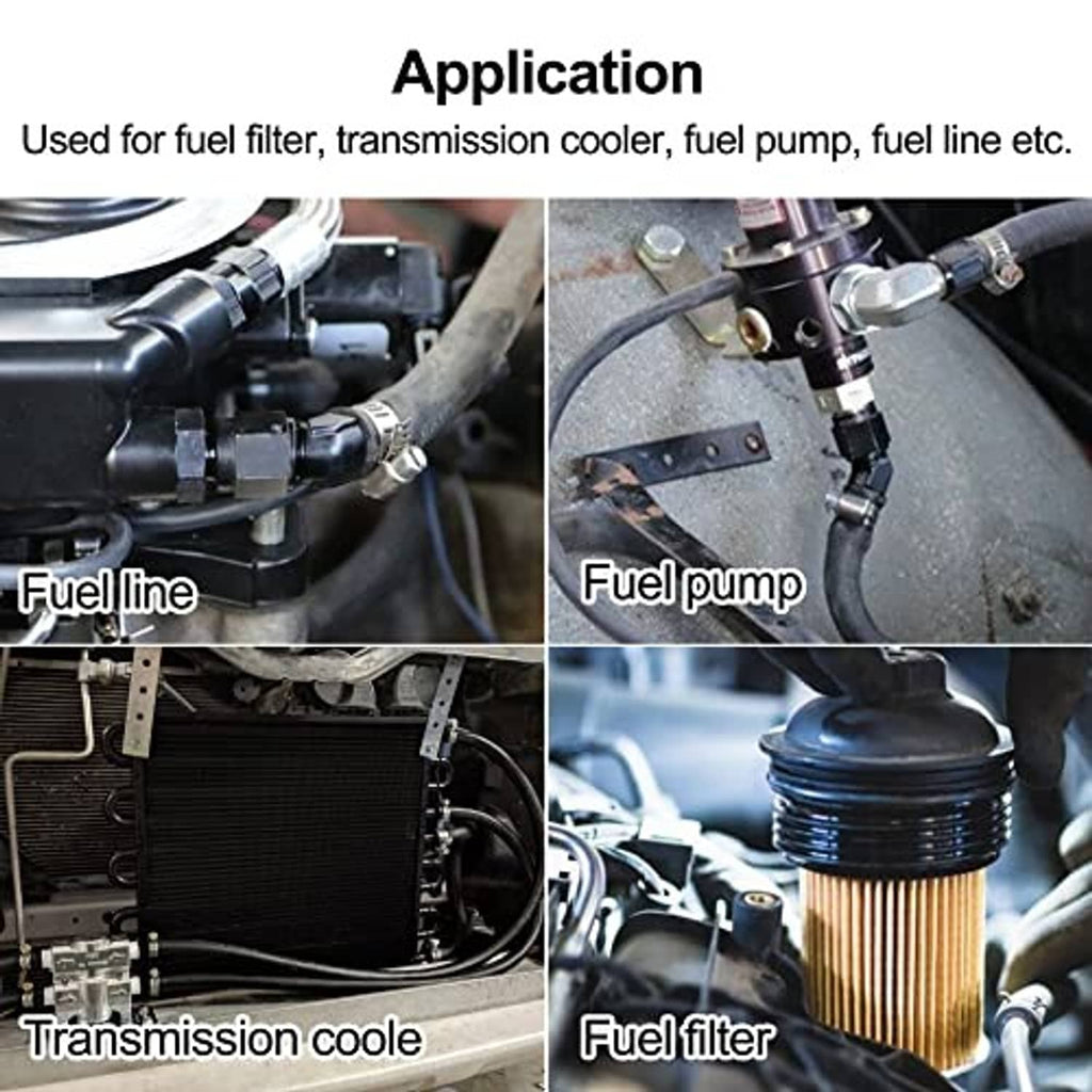 Black fuel-line 45-degree fitting installed on an engine, transmission cooler, pump, and filter.