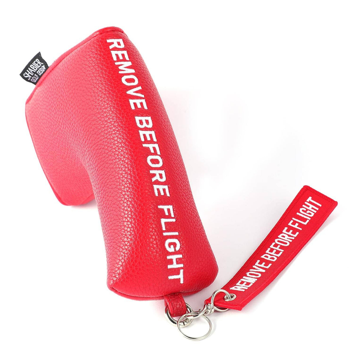 Red blade golf putter cover with "Remove Before Flight" strap and metal keyring
