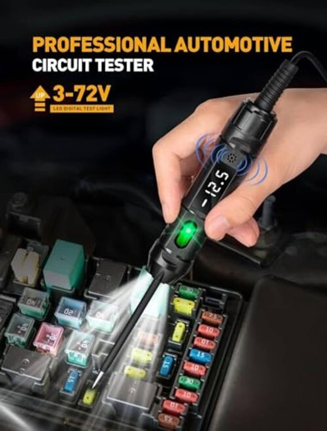 Black circuit tester held above fuse box, green LED lit on the probe tip
