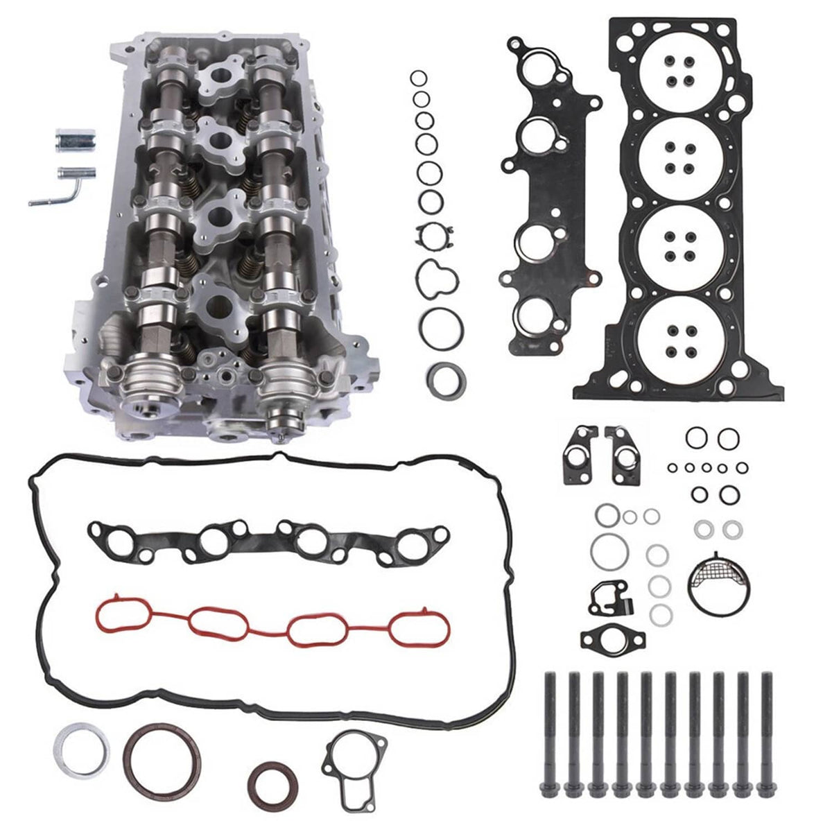 Cylinder head gasket set with assembled cylinder head, black gaskets, and bolts