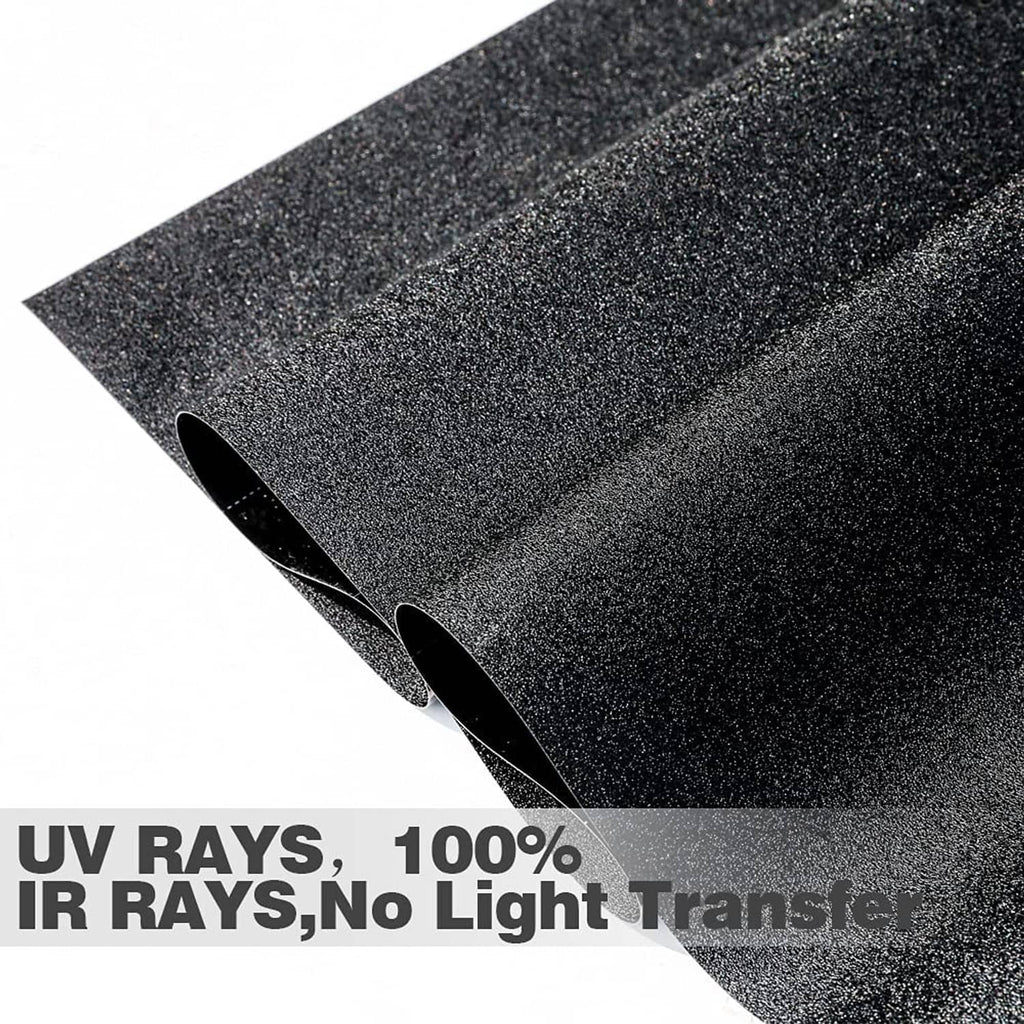 Dark textured blackout window film sheet with rolled edge and self-adhesive backing
