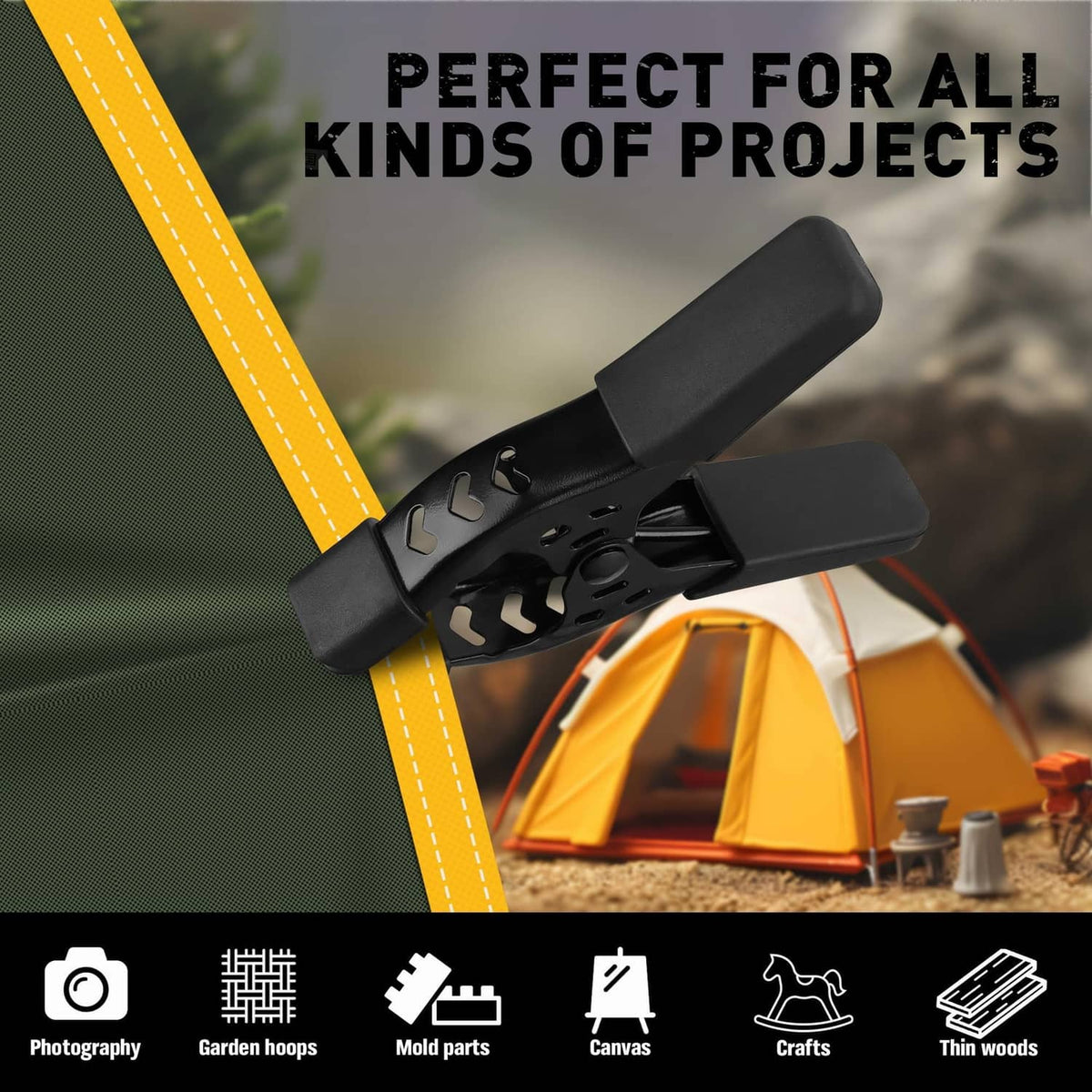 Black spring clamp with wide pressure pads for gripping edge material