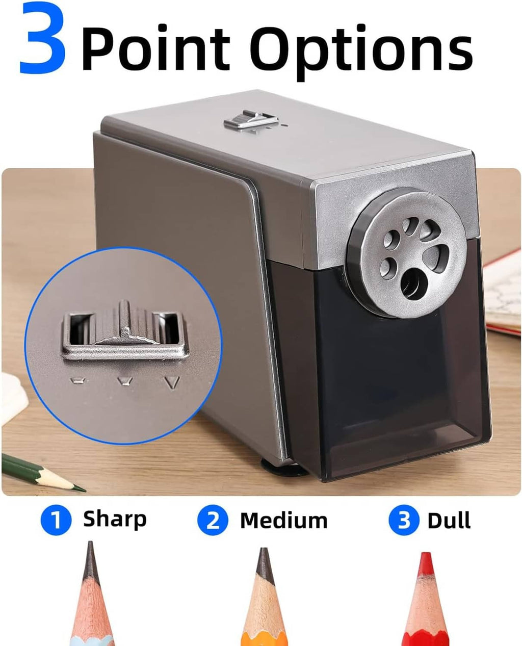 Electric pencil sharpener with 3 sharpening settings and 6-hole drum